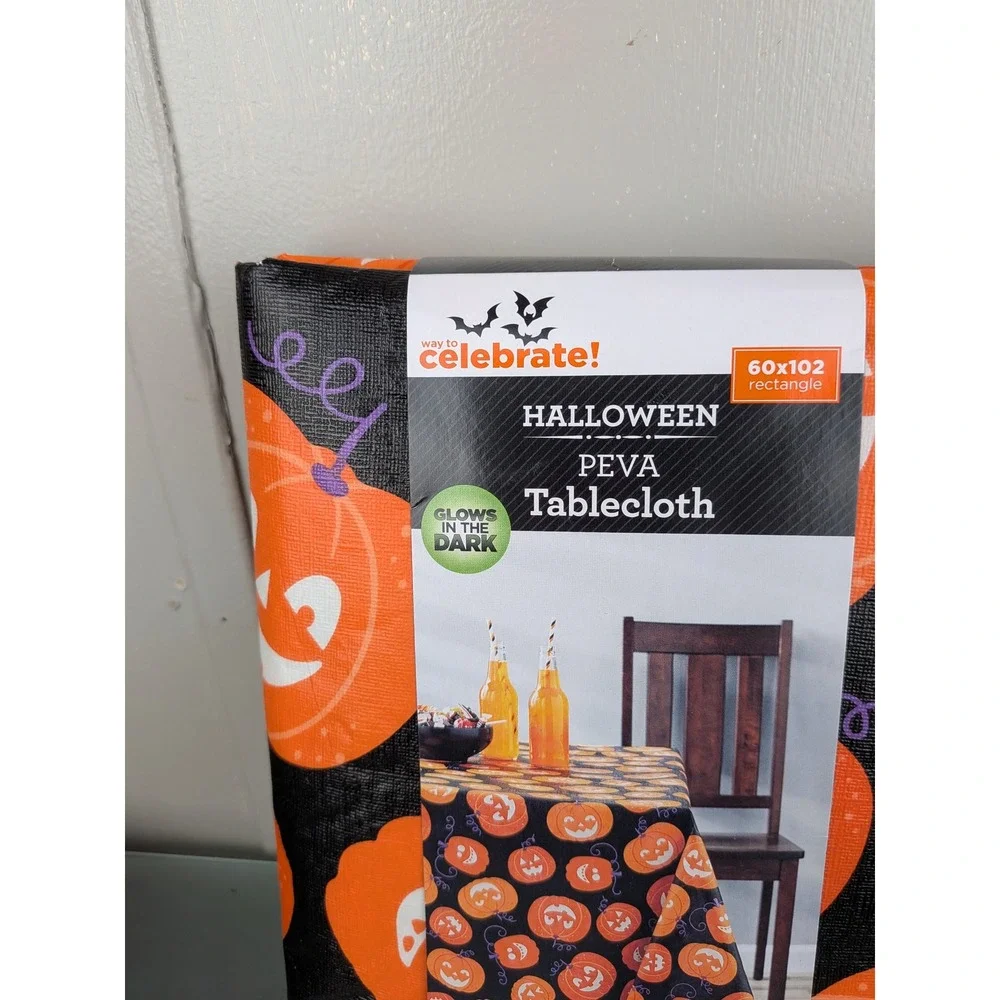 Way To Celebrate Halloween Glow In The Dark Pumpkin PEVA Tablecloth 60x102 Black